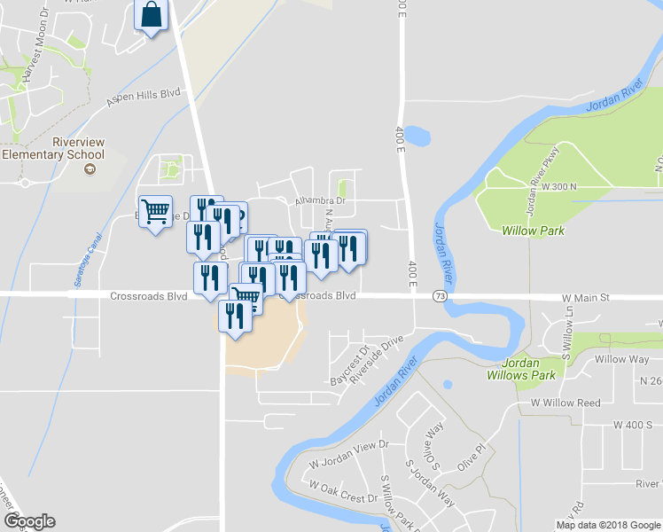 map of restaurants, bars, coffee shops, grocery stores, and more near 223 Sunshine Drive in Lehi