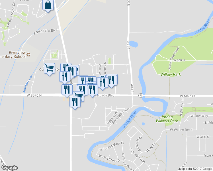 map of restaurants, bars, coffee shops, grocery stores, and more near 227 Sunshine Drive in Eagle Mountain