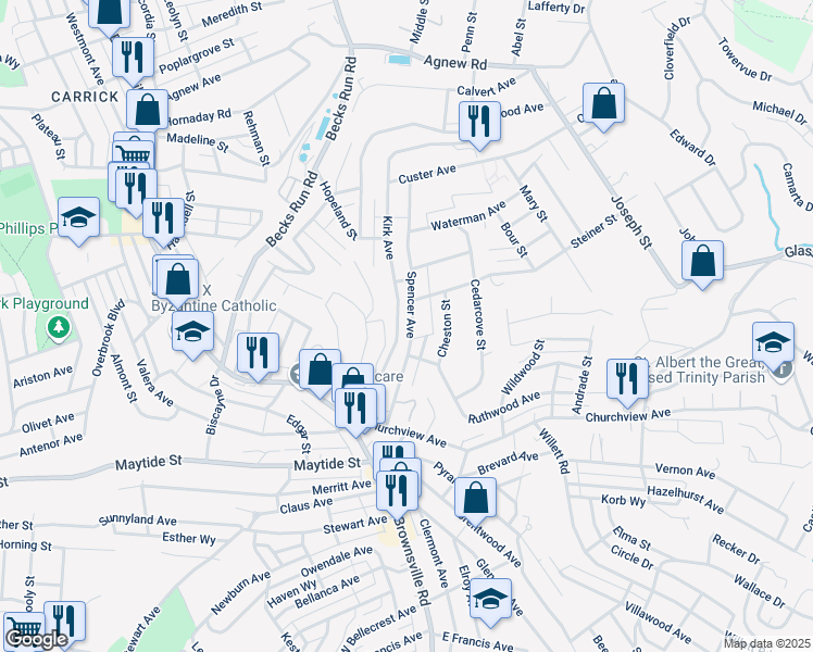 map of restaurants, bars, coffee shops, grocery stores, and more near 211 Spencer Avenue in Pittsburgh