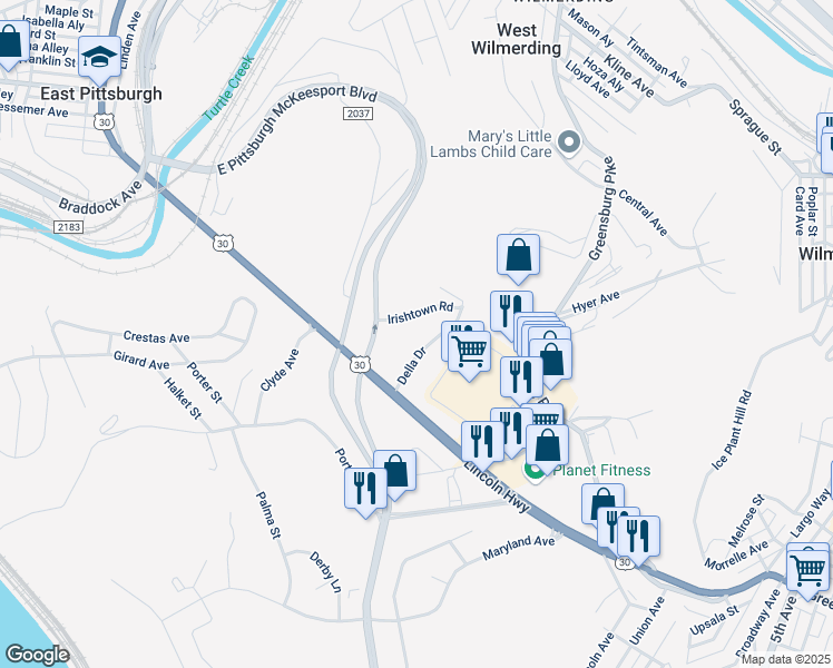 map of restaurants, bars, coffee shops, grocery stores, and more near 249 Lincoln Highway in North Versailles