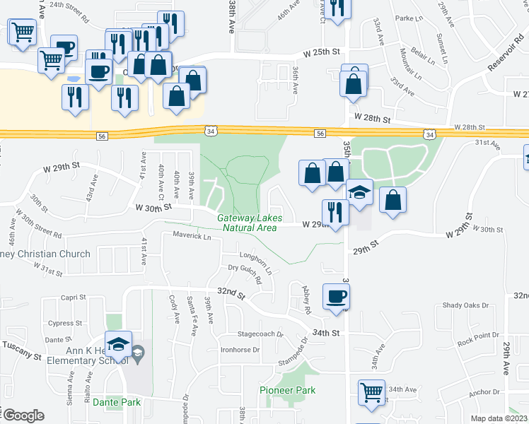 map of restaurants, bars, coffee shops, grocery stores, and more near 3641 West 29th Street in Greeley