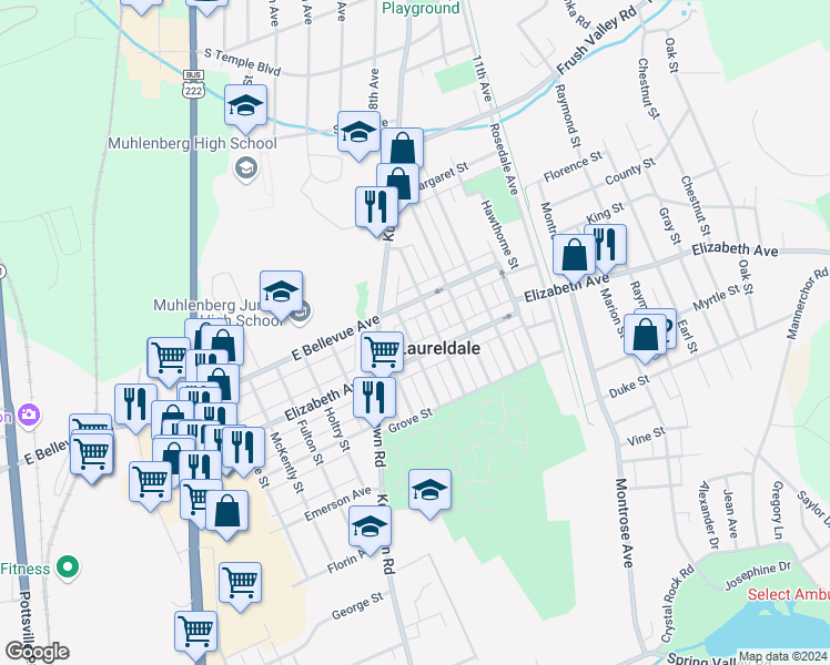 map of restaurants, bars, coffee shops, grocery stores, and more near 3425 Fairfield Street in Reading