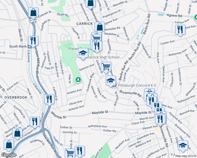 map of restaurants, bars, coffee shops, grocery stores, and more near 129 Overbrook Boulevard in Pittsburgh
