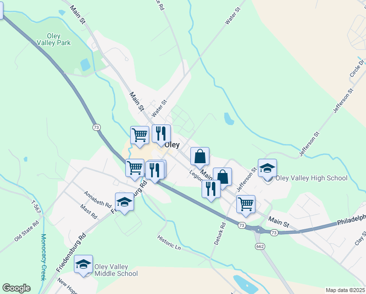 map of restaurants, bars, coffee shops, grocery stores, and more near 9 Meeting House Lane in Oley