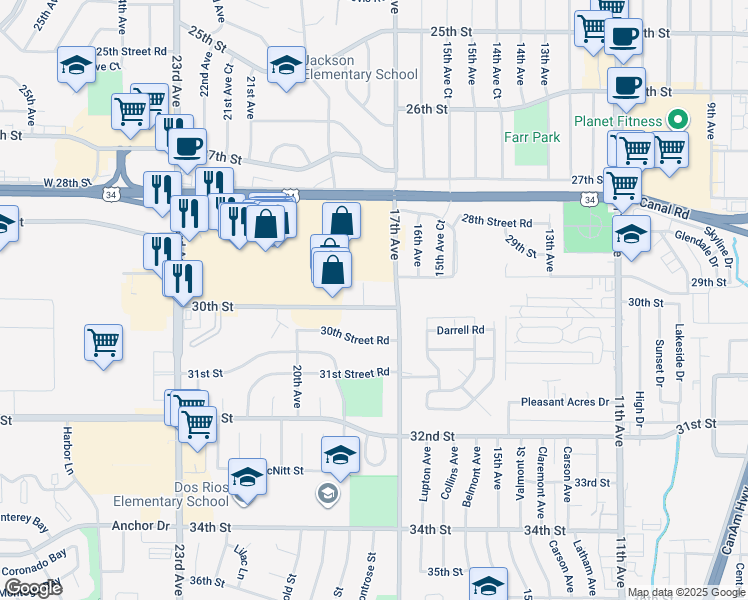 map of restaurants, bars, coffee shops, grocery stores, and more near 2831 28th Street in Greeley