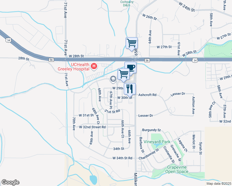 map of restaurants, bars, coffee shops, grocery stores, and more near 2914 67th Avenue in Greeley