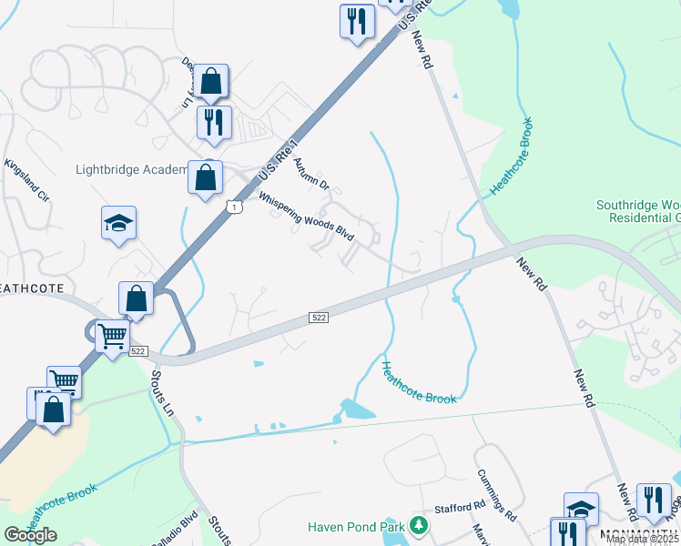 map of restaurants, bars, coffee shops, grocery stores, and more near 4151 Bayberry Court in South Brunswick Township