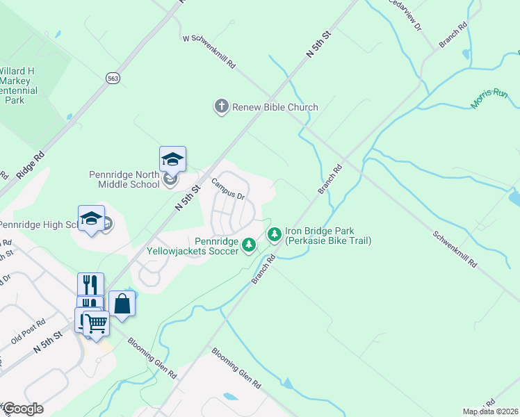 map of restaurants, bars, coffee shops, grocery stores, and more near 668 Campus Drive in Perkasie