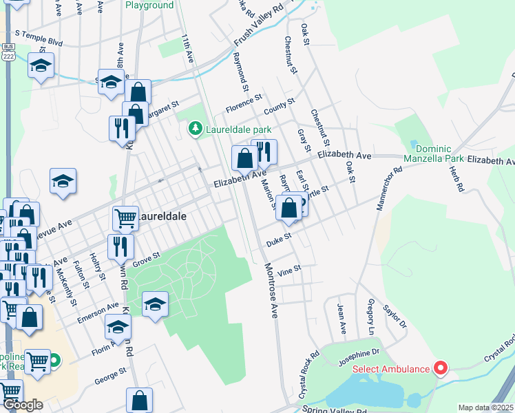 map of restaurants, bars, coffee shops, grocery stores, and more near 3325 Montrose Avenue in Laureldale