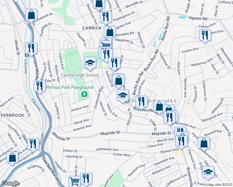 map of restaurants, bars, coffee shops, grocery stores, and more near 9 Overbrook Boulevard in Pittsburgh
