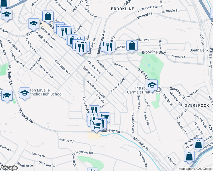 map of restaurants, bars, coffee shops, grocery stores, and more near 1221 Berkshire Avenue in Pittsburgh