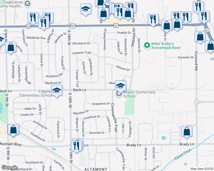map of restaurants, bars, coffee shops, grocery stores, and more near 2519-2599 Summerfield Drive in Lafayette