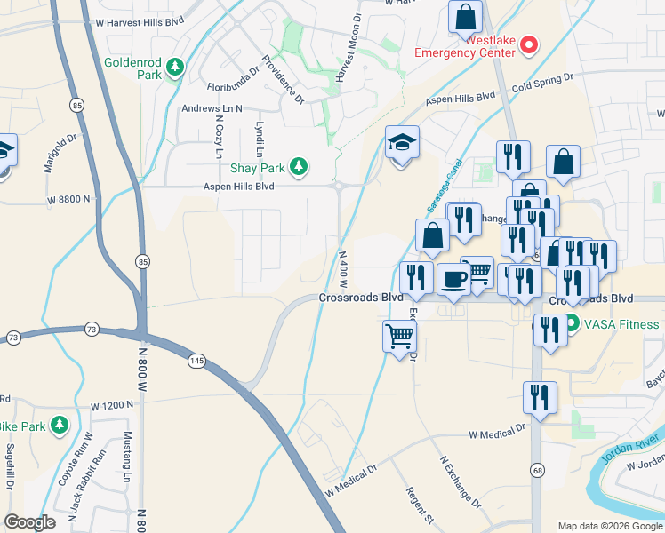 map of restaurants, bars, coffee shops, grocery stores, and more near 1466 North Starry Way in Saratoga Springs