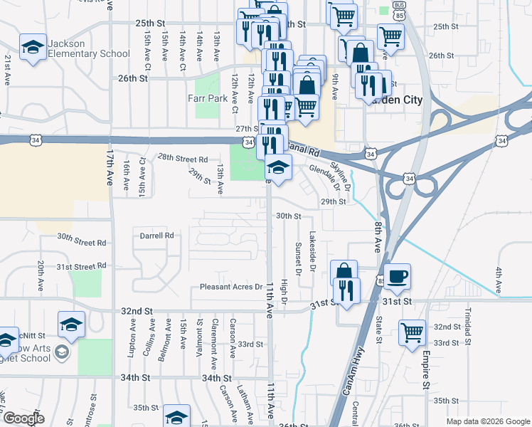 map of restaurants, bars, coffee shops, grocery stores, and more near 2933 11th Avenue in Evans