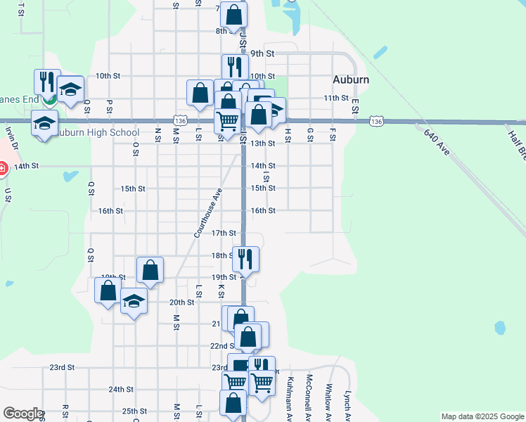 map of restaurants, bars, coffee shops, grocery stores, and more near 919 16th Street in Auburn