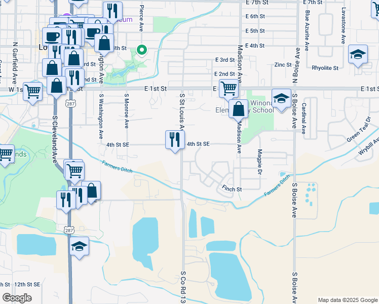 map of restaurants, bars, coffee shops, grocery stores, and more near 1104 Finch Street in Loveland