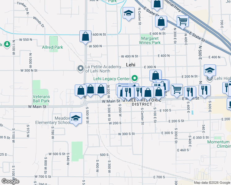 map of restaurants, bars, coffee shops, grocery stores, and more near 263 West 100 North Street in Lehi