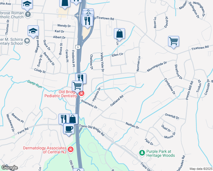 map of restaurants, bars, coffee shops, grocery stores, and more near 50 Valley Vale Drive in Old Bridge