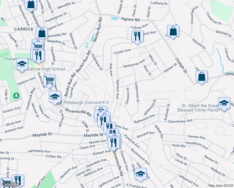 map of restaurants, bars, coffee shops, grocery stores, and more near 221 Kirk Avenue in Pittsburgh