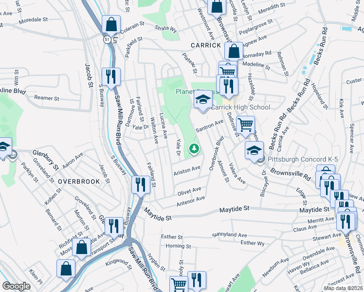 map of restaurants, bars, coffee shops, grocery stores, and more near 2214 Yale Drive in Pittsburgh