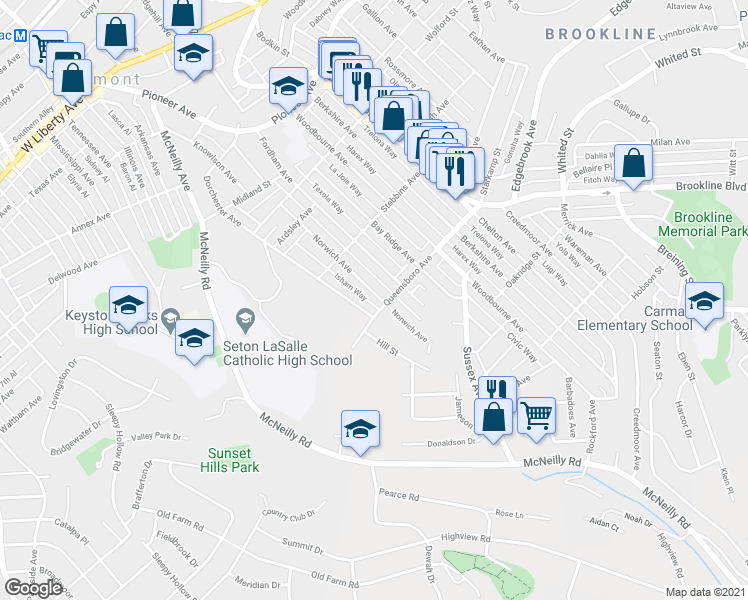 map of restaurants, bars, coffee shops, grocery stores, and more near 938 Norwich Avenue in Pittsburgh