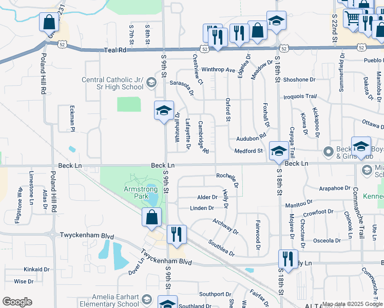 map of restaurants, bars, coffee shops, grocery stores, and more near 2552 Cambridge Road in Lafayette
