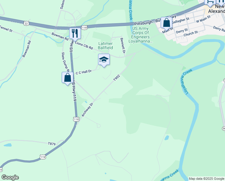 map of restaurants, bars, coffee shops, grocery stores, and more near 178 Archway Dr in New Alexandria
