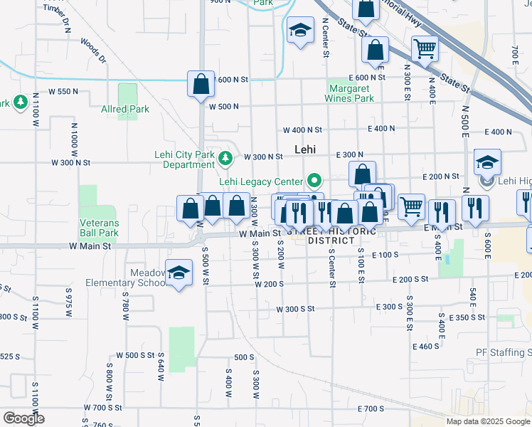 map of restaurants, bars, coffee shops, grocery stores, and more near 255 West 100 North in Lehi