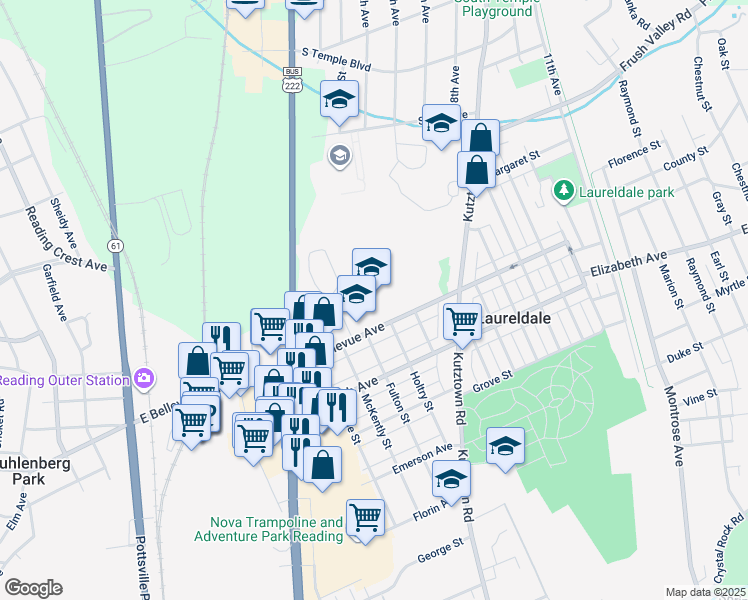 map of restaurants, bars, coffee shops, grocery stores, and more near 801 East Bellevue Avenue in Laureldale