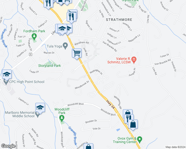 map of restaurants, bars, coffee shops, grocery stores, and more near 113 Wellington Place in Matawan