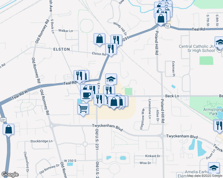 map of restaurants, bars, coffee shops, grocery stores, and more near 108 Beck Lane in Lafayette