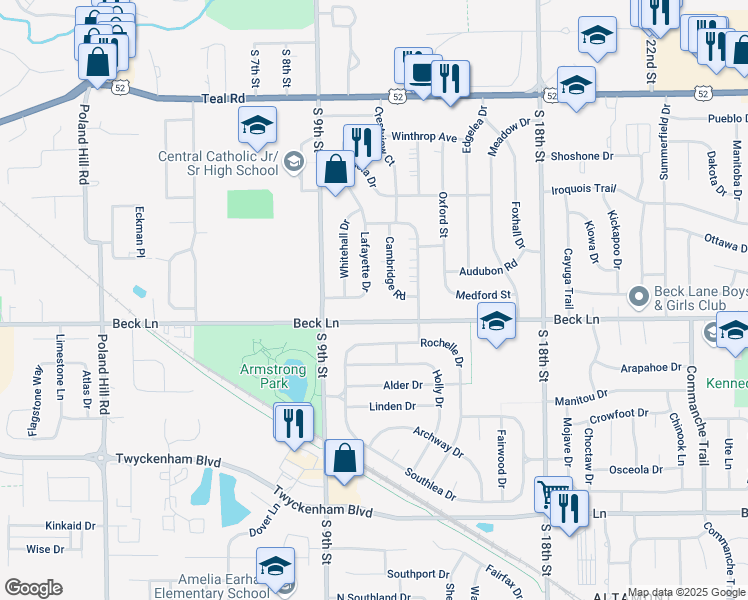 map of restaurants, bars, coffee shops, grocery stores, and more near 2552 Cambridge Road in Lafayette