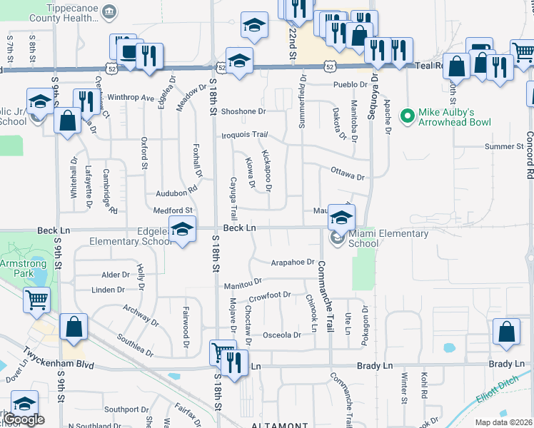 map of restaurants, bars, coffee shops, grocery stores, and more near 2004 Hiawatha Lane in Lafayette