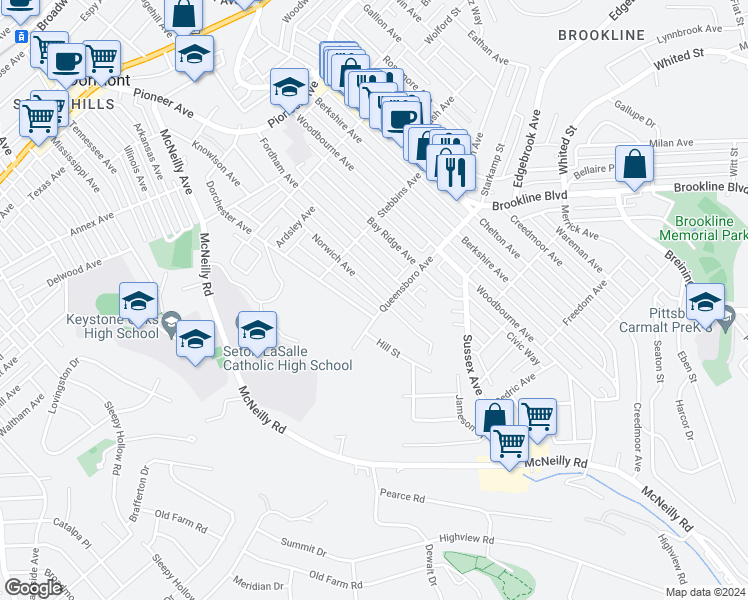 map of restaurants, bars, coffee shops, grocery stores, and more near 956 Norwich Avenue in Pittsburgh