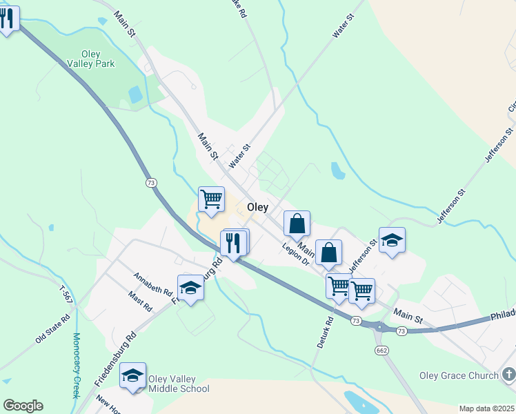 map of restaurants, bars, coffee shops, grocery stores, and more near in Oley