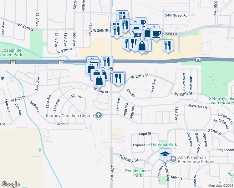 map of restaurants, bars, coffee shops, grocery stores, and more near 4904 West 30th Street Road in Greeley