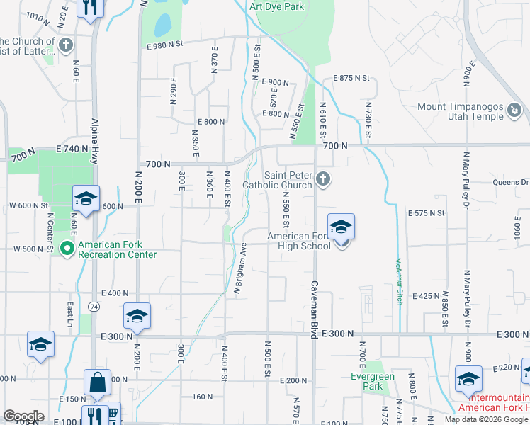 map of restaurants, bars, coffee shops, grocery stores, and more near 474 East 580 North in American Fork