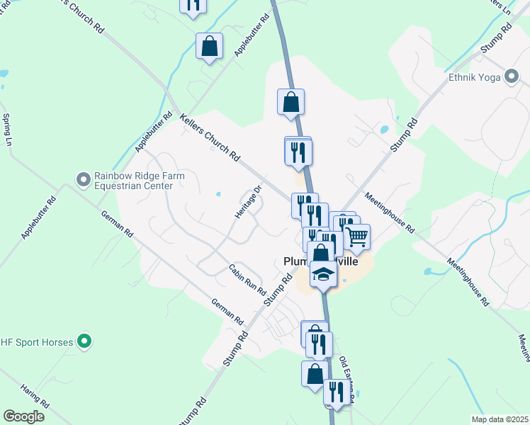 map of restaurants, bars, coffee shops, grocery stores, and more near 6122 Autumn Court in Plumsteadville