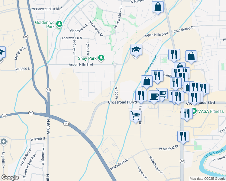 map of restaurants, bars, coffee shops, grocery stores, and more near 1474 North Starry Way in Saratoga Springs