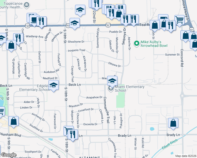 map of restaurants, bars, coffee shops, grocery stores, and more near 2519 Summerfield Drive in Lafayette