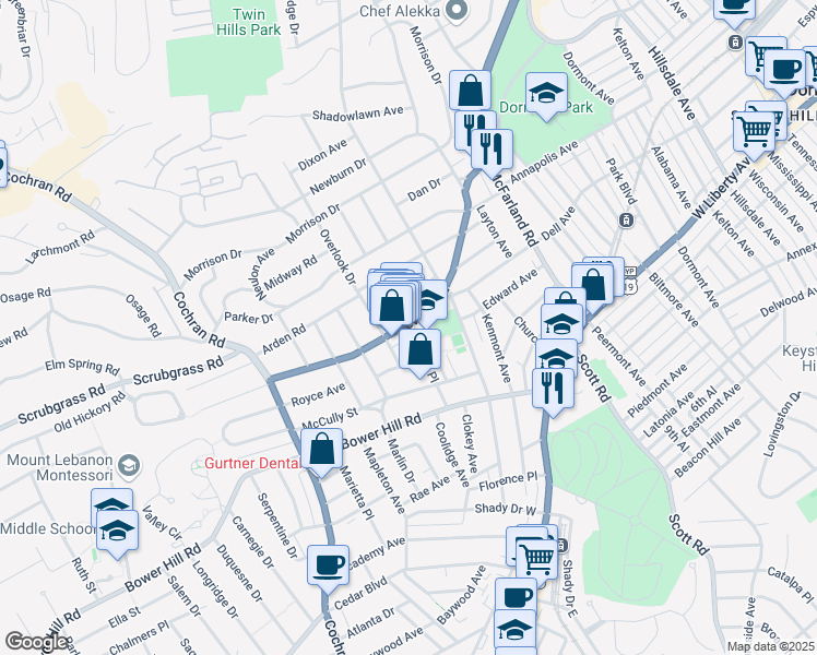 map of restaurants, bars, coffee shops, grocery stores, and more near 291 Beverly Road in Pittsburgh