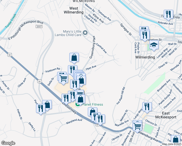 map of restaurants, bars, coffee shops, grocery stores, and more near 298 Loews Drive in North Versailles