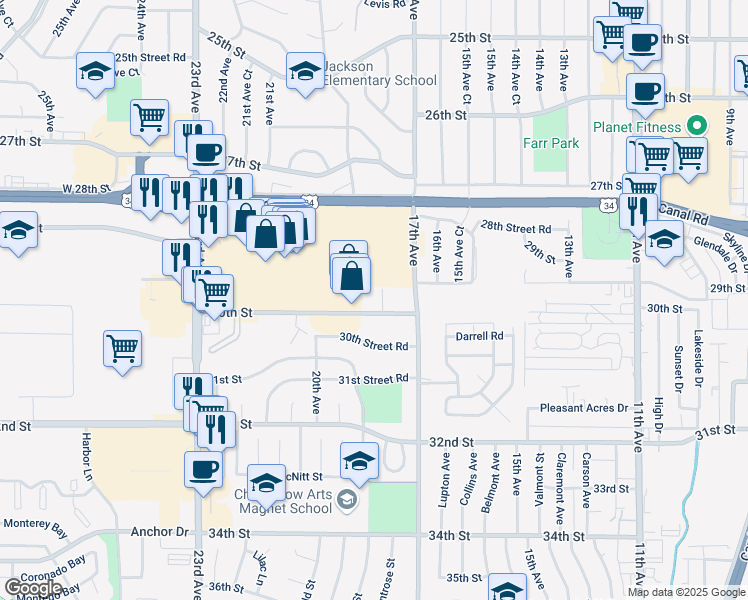 map of restaurants, bars, coffee shops, grocery stores, and more near 1749 30th Street in Greeley