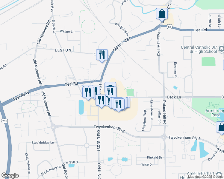 map of restaurants, bars, coffee shops, grocery stores, and more near 108 Beck Lane in Lafayette