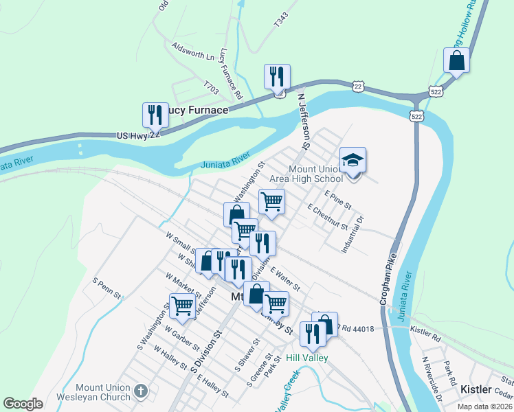 map of restaurants, bars, coffee shops, grocery stores, and more near 108 West Walnut Street in Mount Union