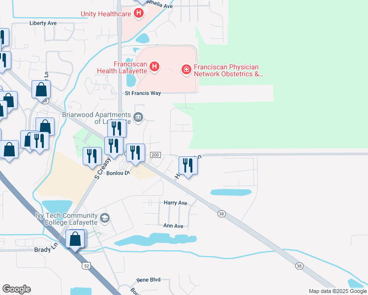 map of restaurants, bars, coffee shops, grocery stores, and more near 1959 Bayley Drive in Lafayette