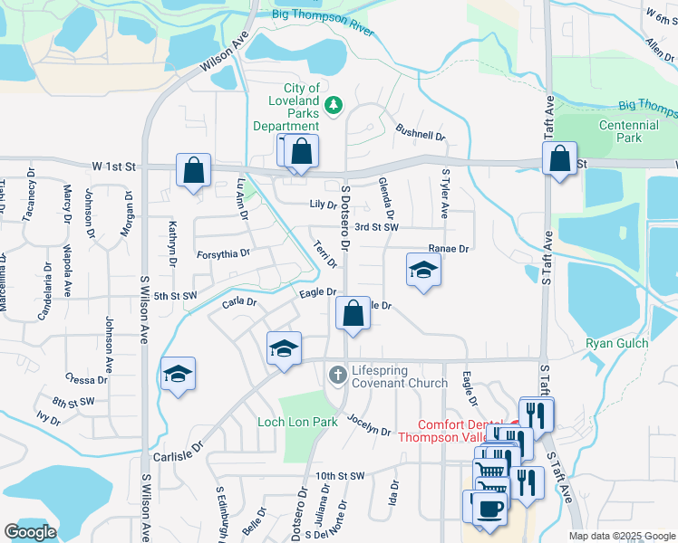 map of restaurants, bars, coffee shops, grocery stores, and more near 447 Terri Drive in Loveland
