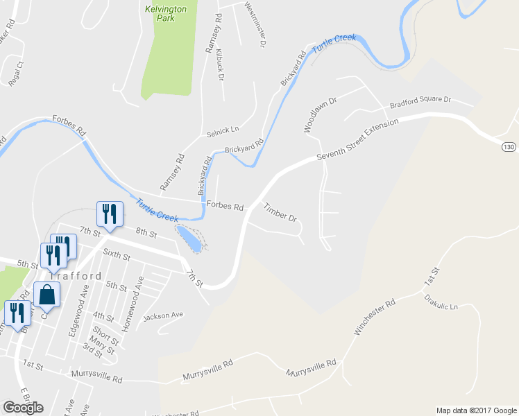 map of restaurants, bars, coffee shops, grocery stores, and more near 277 Timber Dr in Trafford