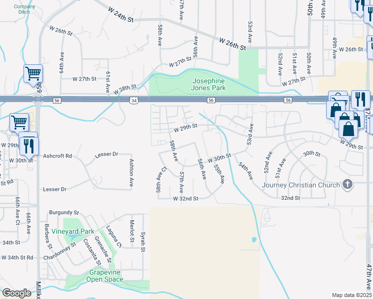 map of restaurants, bars, coffee shops, grocery stores, and more near 5612 29th Street Road in Greeley