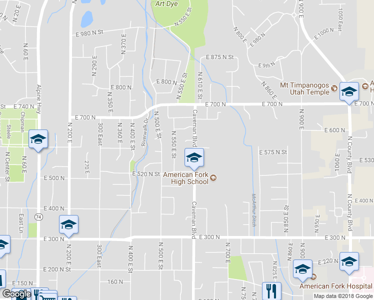 map of restaurants, bars, coffee shops, grocery stores, and more near 594 North 580 East in American Fork